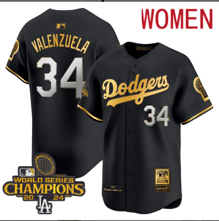 Women MLB Los Angeles Dodgers #34 Valenzuela black 2024 World Series Champions Patch Cooperstown Jersey